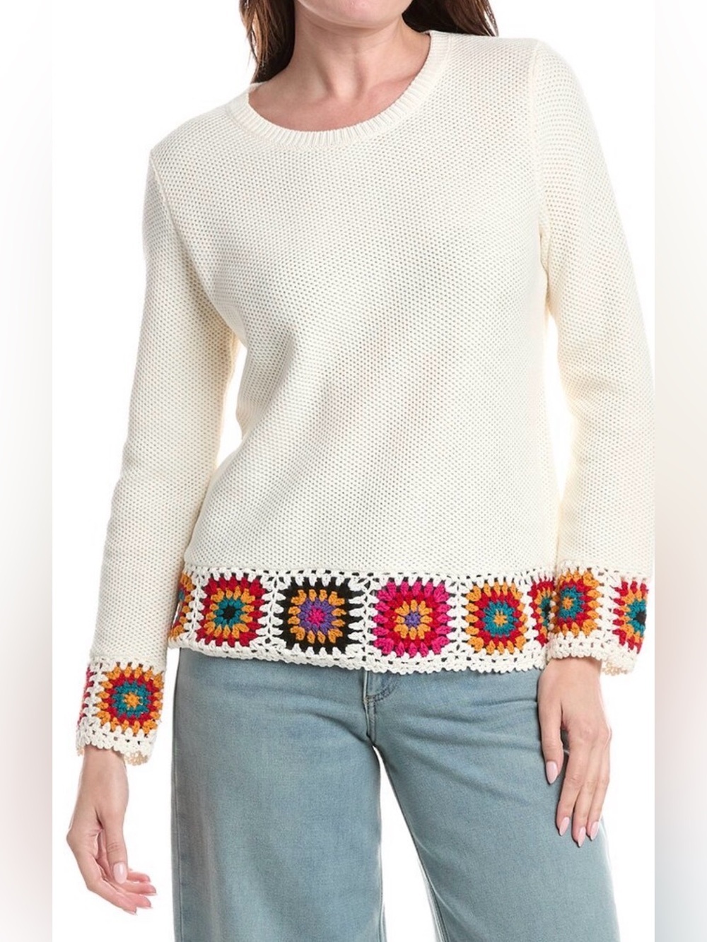 Joseph A. Sweater With Granny Square Crochet Trim